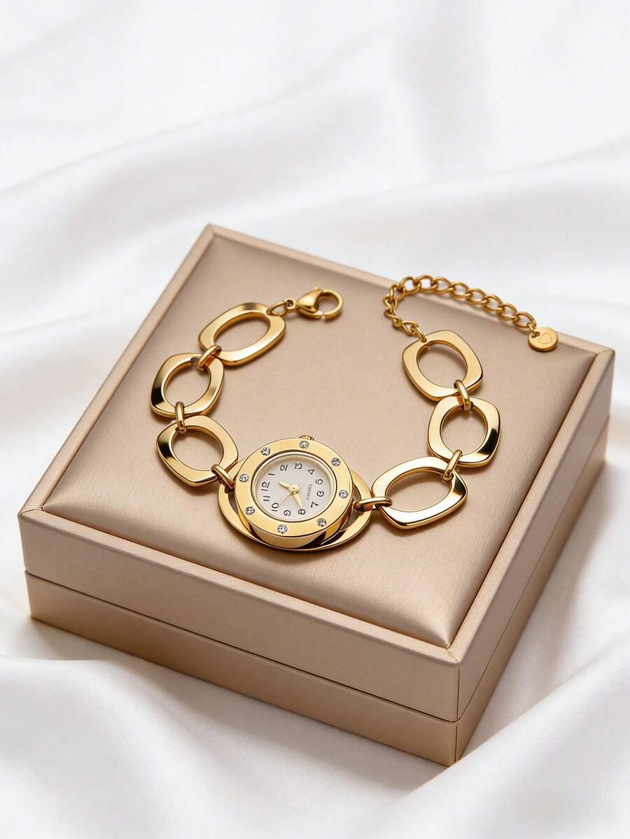 1 pieza Brazalete ovalado de acero inoxidable dorado retro, adecuado para uso diario y ocasiones especiales como el Día de San Valentín, Día de la Madre - Un regalo simple pero lujoso - Estilo 1 - Ver 1