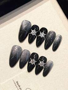 1 Pack/10 Pieces - Cool Starburst Pointed Nail Patch - Black Sparkling Gradient+Metal Adorned Gemstones - Handmade - Black - View 3