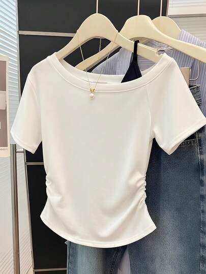 White Sexy Slim Fit Asymmetrical Shoulder Short Sleeve T-Shirt For Women, Summer New Arrival Cropped Top Casual