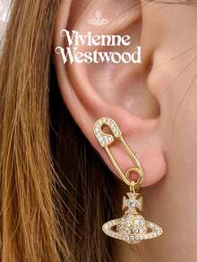 Vivienne Westwood Lucrece Collection Pin Saturn Earrings Gold Tone, Brass, Rhinestone Embellished - 金色 - 查看 2