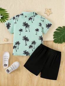 Boys' Casual Plant Print Polo Shirt + Solid Color Pants, Summer - Olive Green - View 2