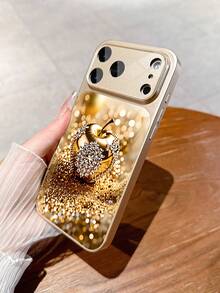 1pc New Luxury Sparkling Crystal Rhinestone Gold Apple Pattern Deluxe Large Window Tempered Glass Camera Lens Protection Phone Case Compatible With IPhone 17/17Pro/17ProMax/17Air/16/16Pro/16ProMax/16Plus/15/15Plus/15Pro/15ProMax/14/14Plus/14Pro/14ProMax/13/13Pro/13ProMax/12/12Pro/12ProMax/11/11ProMax, Matte Anti-Fall, Full Coverage Metal Paint Premium Protection Cover - Multicolor - View 3