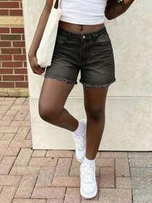 Women's Casual Loose Straight Leg Denim Bermuda Shorts Summer - Black - View 3