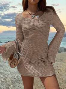 Women's Solid Color Sexy Hollow-Out See-Through Backless Long Sleeve Cover Up, Short Beach Dress, Spring/Summer Vacation - 卡其色 - 查看 6