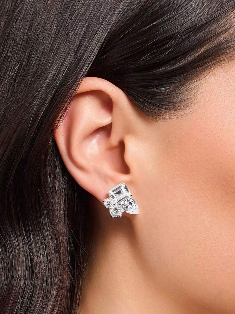 1 Đôi bông tai bạc đính đá Zirconia, trang sức thanh lịch và thời trang, thích hợp đeo hàng ngày, làm quà tặng cho bạn gái. - Bạc - Xem 1