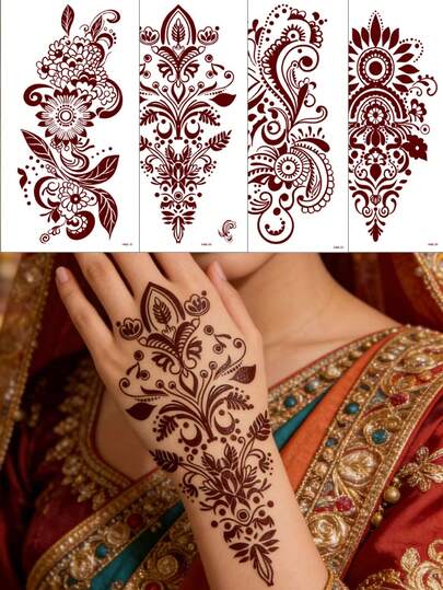 4 miếng dán hình xăm tạm thời họa tiết trăng và hoa màu đỏ rượu vang dùng trang trí móng tay - Hình xăm vẽ trên cơ thể của Manhaiti Design cho các bữa tiệc và lễ hội.