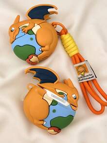 1个卡通恐龙喷火地球图案耳机保护套，带挂绳，适用于第四代、1/2代、Pro 1/2代、Pro 3代，可爱情侣耳机保护套（不含耳机） - 橘色 - 查看 7