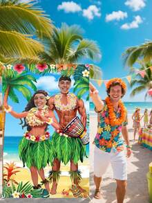 1pc Oversized Hawaiian Photo Prop Banner, Hawaiian Summer Photography Background, Hawaiian Themed Party Decor, Tropical Luau Couple Doorway Curtain Decor, Hawaiian Party Decorations, Fabric Luau Photo Booth Backdrop, Aloha Tiki Background For Beach Party - A - View 5
