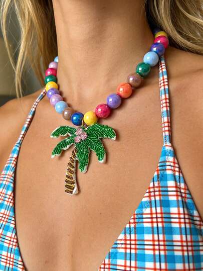 1件波西米亚海洋风Y2K时尚单品：优雅精致，魅力十足的轻奢甜美彩色树脂珠和椰子珠项链（锁骨长度），适合女性、姐妹、情侣、舞会和毕业礼物；完美适用于日常通勤、约会、送礼、度假、节日、夏季、海滩和派对。