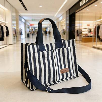 Bolso de lona de gran capacidad a rayas retro, bolso de mano y de hombro ligero y de moda