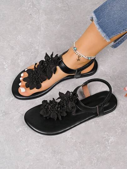 不对称3D立体黑色双层花卉凉鞋，女士橡胶底轻便平底凉鞋，时尚花卉装饰，优雅弹力套脚鞋