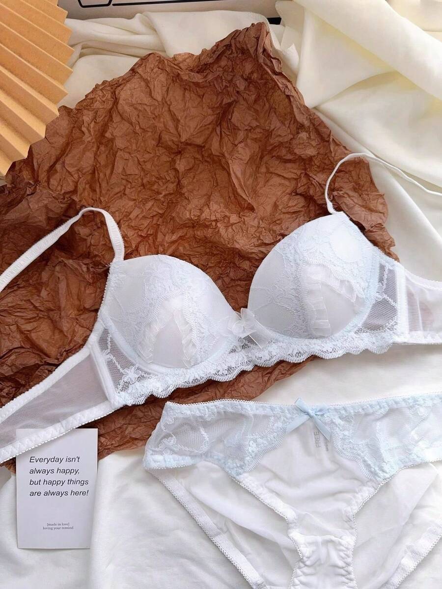 Japanese-Style Gentle And Sweet Women's Lingerie, Romantic Lace, Pure Desire Style, Small Chest Gathering, Wireless Bra - Baby Blue - View 1