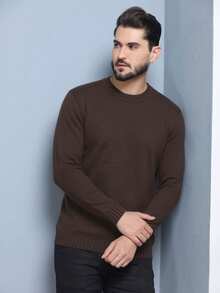 Men's Plain Wool Knit Sweater With Round Neck And Long Sleeves For Winter - Coffee Brown - View 6