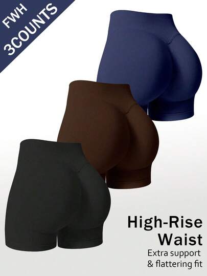 FWH Set de 3 pantalones cortos deportivos de ajuste ceñido, con diseño de cintura elástica y detalles fruncidos, cintura elástica cómoda y diseño fruncido, que da forma y favorece las curvas, adecuado para fitness y uso diario