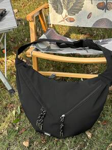 男士尼龙单肩包，大容量，时尚纯色，旅行/假日礼物，户外/骑行/露营适用，斜挎包，学生背包，返校用品，高中运动单肩包 - 黑色 - 查看 4