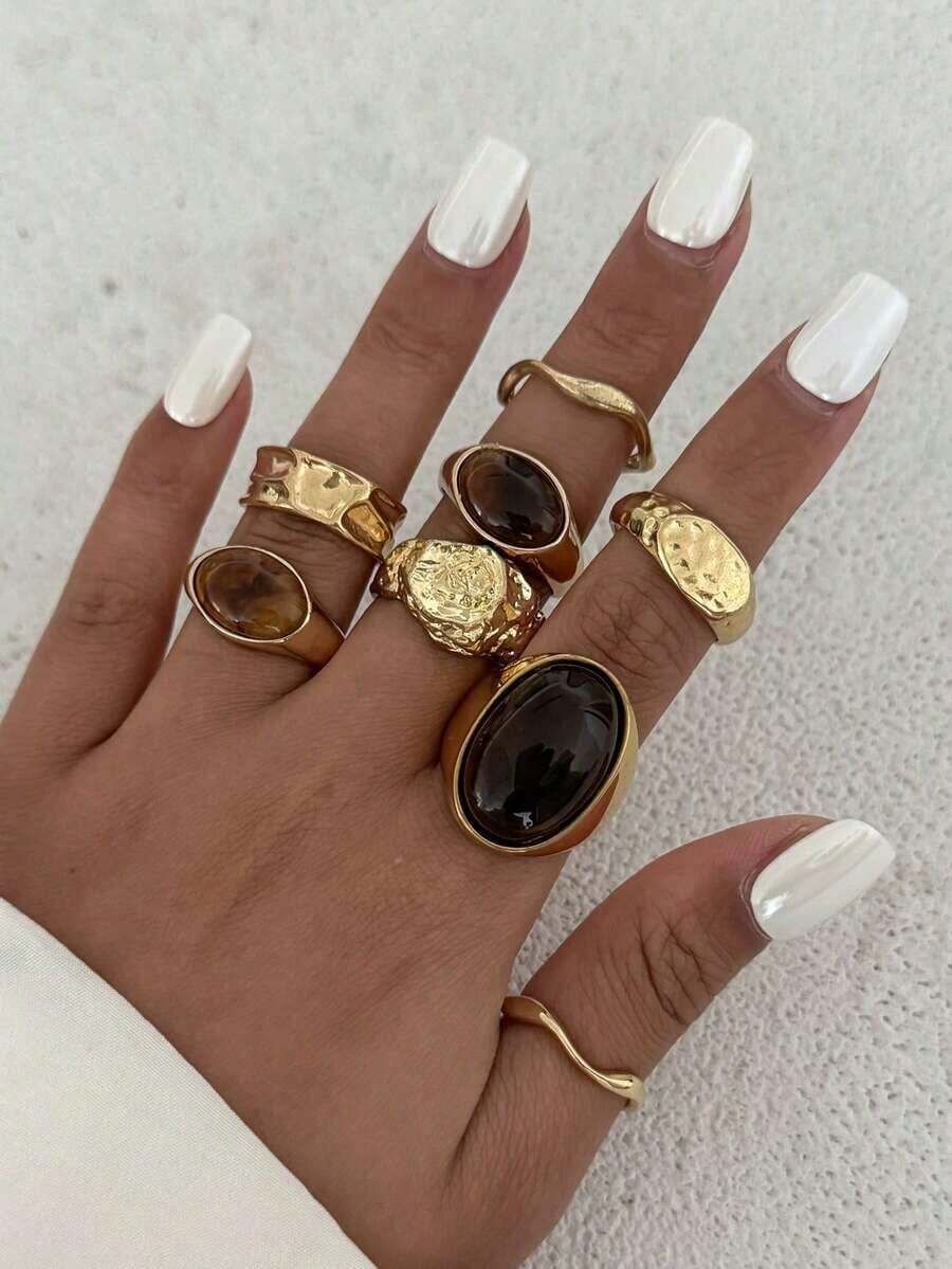 8pcs Vintage Geometric Jade Inlaid Ring Set, Women's Chunky Metal Gold Color Rings, Suitable For Women's Daily And Party Decoration, Gift Jewelry Set - 黃金 - 查看 1
