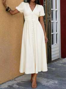 PoPoHouse Women's Solid Color Elegant V-Neck Puff Sleeve Dress, Suitable For Resort Wear, Spring/Summer - Apricot - View 6