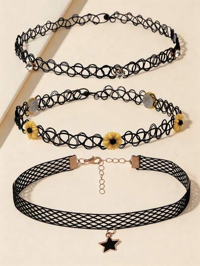 3件套女士手工编织鱼线雏菊、水钻、蕾丝镂空星星吊坠项链颈链叠戴首饰套装