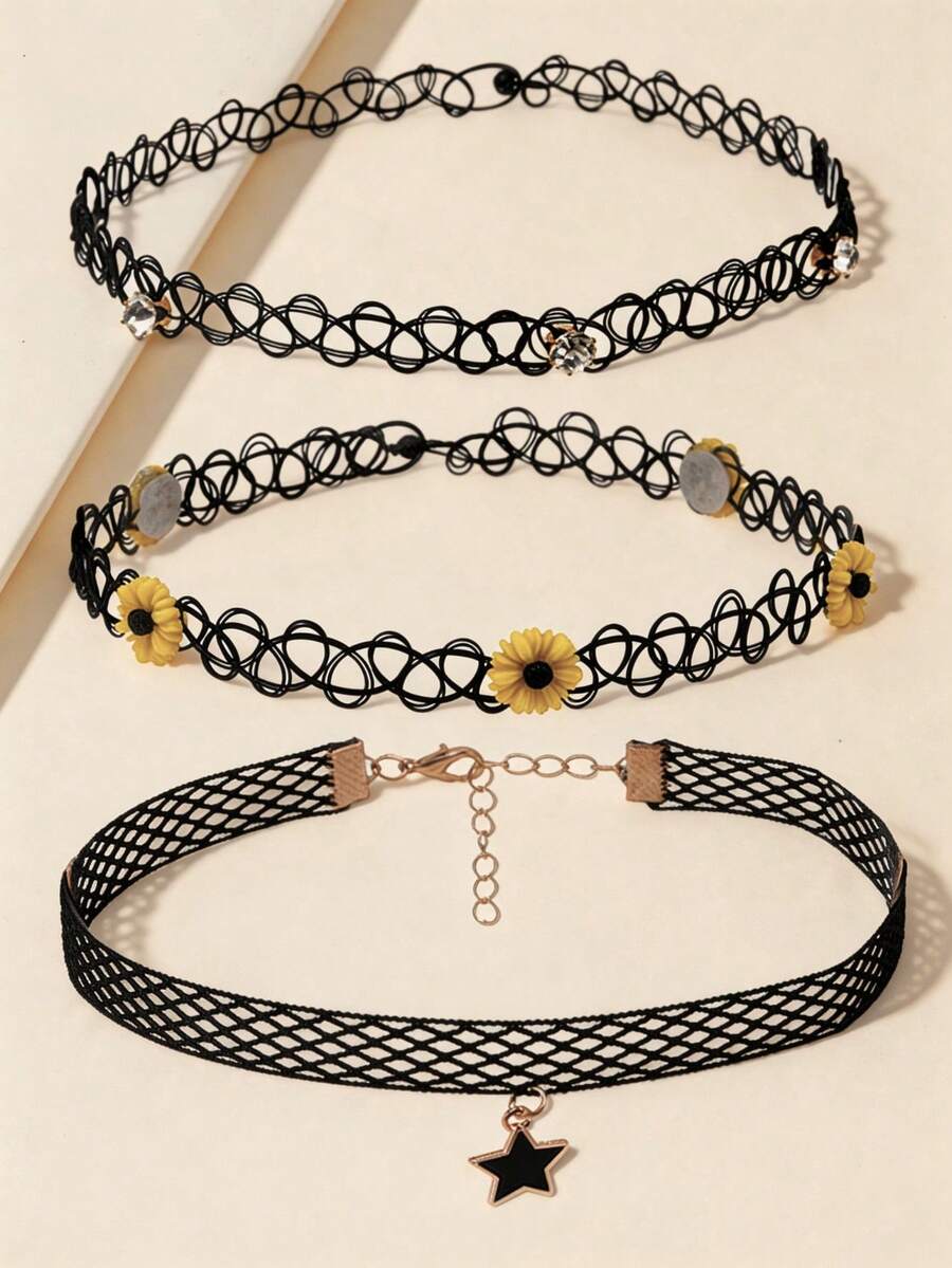 3件套女士手工编织鱼线雏菊、水钻、蕾丝镂空星星吊坠项链颈链叠戴首饰套装 - 彩色 - 查看 1