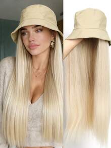 24 Inch Golden Long Straight Wig With Integrated Bucket Hat, Heat Resistant Wig, Suitable For Daily Wear - Gold - View 9