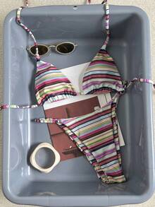 Traje de baño de 2 piezas sexy y colorido con rayas para mujer, conjunto de bikini con espalda descubierta y lazos, adecuado para la playa, vacaciones y cruceros en verano - Multicolor - Ver 6