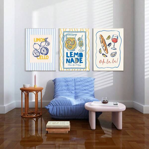 1/3pcs Lemonade Wall Art Picture Funky Aesthetic Prints Canvas Paintings Colorful Food Lemon Bread Wine Posters Retro Kitchen For Dining Room Bar Cafe Home Decor Gift For Her Unframed