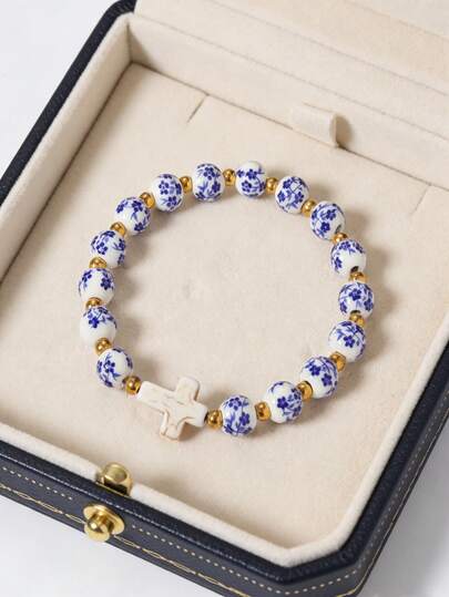 1 chiếc vòng tay co giãn đính hạt sứ xanh trắng kiểu Trung Quốc dành cho nữ, chất liệu hoàn hảo cho đi biển, đi làm, dự tiệc (Không bao gồm hộp đựng trang sức)