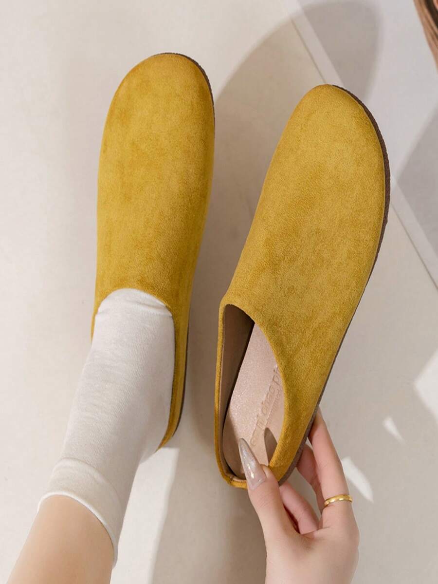 Yellow Suede Mule Slippers, Soft Sole Non-Slip Casual Home Shoes, Retro Versatile Commuter Shoes For Women - Yellow - View 1
