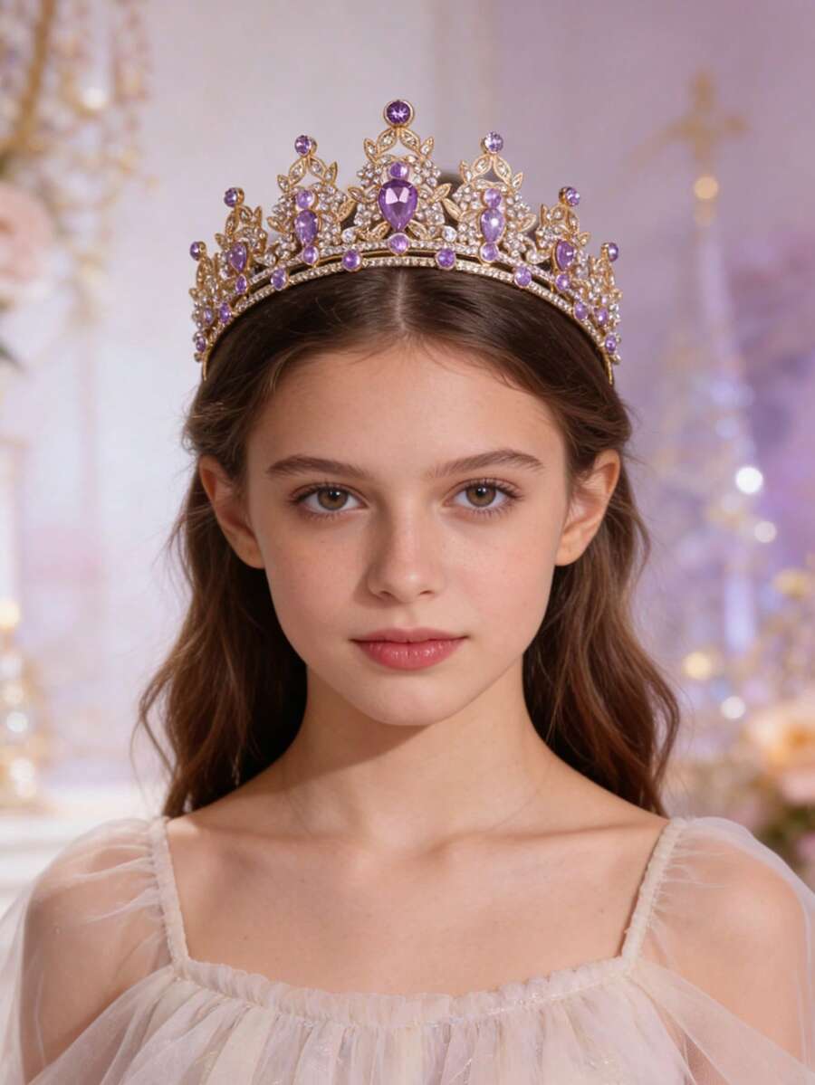 1pc Bridal Bridesmaid Crown, Alloy Rhinestone Decor, Birthday Party Princess Tiara, Sparkling Hair Accessory - Mauve Purple - View 1