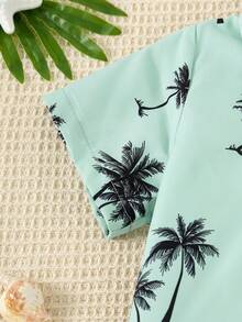 Boys' Casual Plant Print Polo Shirt + Solid Color Pants, Summer - Olive Green - View 3
