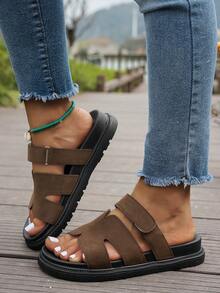Pantuflas básicas diarias cómodas de suela plana y gruesa de ante sintético con cierre de gancho y bucle ajustable, zapatos de primavera, zapatos de vacaciones, zapatos casuales, zapatos de playa, zapatos casuales de campus, regalo del Día de la Madre, Navidad, Día de San Valentín - Marrón - Ver 3
