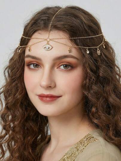 1 pieza Accesorio para el cabello de mujer de moda elegante de verano con cadena de cristal de ojo de diablo, palma y estrella de cinco puntas, adecuado para uso diario, festival, vacaciones y decoración de fiesta