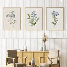 一套三幅复古蓝色植物画廊墙面艺术印刷品，乡村风格墙面装饰，花卉艺术帆布海报，乡村农舍风格装饰，适用于客厅、卧室、厨房、餐厅、咖啡厅、家庭办公室、走廊、家居和房间装饰 - 彩色 - 查看 6