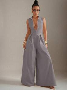 Extreme Wide Leg Zip Front Sleeveless Jumpsuit - Grey - View 4