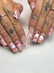 SANRIO 24片中号方形粉色法式美甲贴片，带有可爱旋律、装饰、水钻和爱心设计，粉色少女风格，完美贴合的亚克力假指甲套装，包含1瓶果冻胶和1把指甲锉，适合女孩日常生活、派对和聚会使用的美甲用品。 - 彩色 - 查看 2