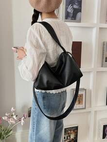 Casual Tote Bag, Fashion Large Square Bag, Pu Leather Shoulder Bag For Women - Black - View 6