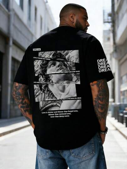 AnChiStreetwear - Áo thun ngắn tay nam cỡ lớn thời trang cổ điển, họa tiết tượng ghép mảnh, khẩu hiệu tiếng Anh, in hình đồ họa, thích hợp cho đường phố, hoạt động ngoài trời và đi làm hàng ngày.