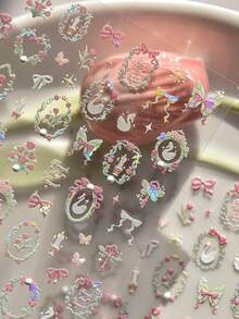 1pc 5D Crystal Diamond Nail Sticker, Pink Swan Flower Frame Butterfly Pattern, Self-Adhesive Nail Art Sticker, Cute DIY Decorative Accessory Nails Nail Stickers - Multicolor - View 3