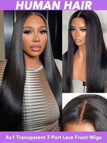 Tóc giả ren chữ T 24 inch, tóc thẳng 4x1 trong suốt, đã tỉa sẵn tóc con, mật độ 150% tóc thật dành cho nữ, phần ren phía trước T4x4, thích hợp cho tiệc tùng, công sở, Giáng sinh, lễ hội âm nhạc, Ngày Valentine, màu đen tự nhiên (8-30 inch) - Natural Black - Xem 2