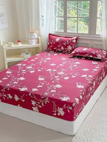 3pcs Printed Bedding Set (1 Fitted Sheet + 2 Pillowcases), Skin-Friendly Fabric Fitted Sheet Set Including Pillowcases, Without Filler, Home Bedding Set, Machine Washable - Wine-red Jade Branch - View 3