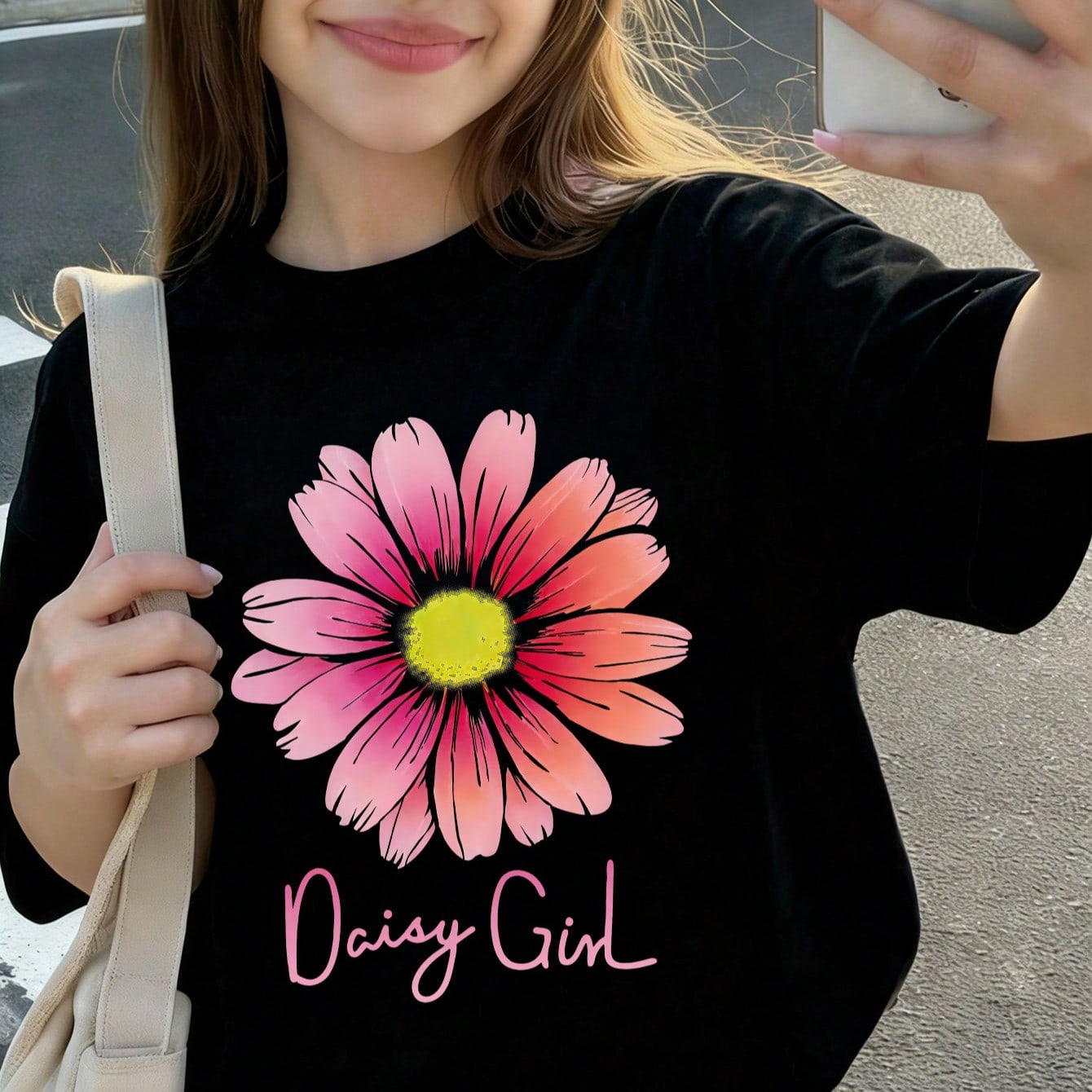 Camiseta de manga corta para niñas con estampado vibrante de crisantemo, cuello redondo suave y cómodo, top casual de verano fresco y cómodo, lavab