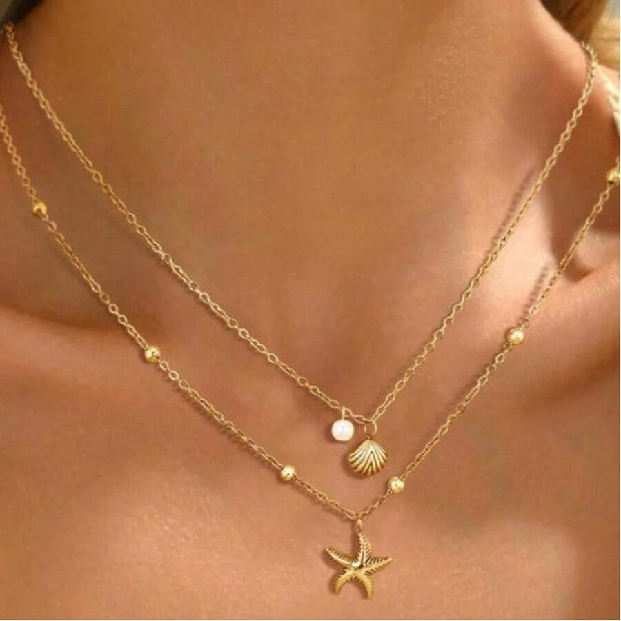 Dây chuyền vỏ sò hai mảnh dành cho nữ, mặt dây chuyền hình sao biển nhiều lớp có thể điều chỉnh và đính ngọc trai giả, thích hợp cho kỳ nghỉ hè ở bãi biển, đeo hàng ngày, làm quà sinh nhật, quà tặng bạn bè. - Nhiều màu - Xem 1