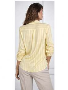 Women's Long-Sleeved Striped Linen Shirt, Brightly Colored - 黃色 - 查看 3