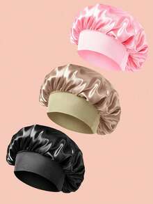 1pc Silk Satin Hair Sleep Cap, Wide Brim High Elastic, Curly Hair Care Bonnet, Black & Gold, Smooth Hair Protection - Hot Pink - View 19