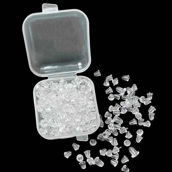 Nút bịt tai hình viên đạn bằng silicon trong suốt, không gây dị ứng, kèm hộp đựng - Nút chặn khuyên tai thân thiện với da, khóa chống trượt, dùng để tự làm trang sức, khuyên tai xỏ lỗ, bảo vệ tai và da.