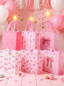 12 Stück/6 Stück rosa Schleifen Geschenktüten - Vliesstoff Geschenktüten und Einkaufstüten; geeignet für Geschenkverpackung bei Geburtstagsfeiern, Schleifen-Themen-Partys, Hochzeiten, Jahrestagen, Abschlussfeiern, Junggesellinnenabschiede und Muttertag - Einheitsgröße - Übersicht 2