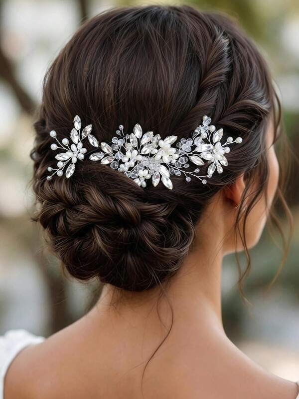 3pcs Elegant Silver Tone Faux Pearl Crystal Bridal Hair Comb & Pins Set Handmade Floral Leaf Hair Piece Wedding Hair Accessory For Brides Bridesmaids Prom Evening Party,Summer,Beach