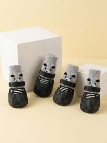 4pcs/Set Waterproof Dog/Cat Shoes & Socks, Pet Winter Warm Boots (Random Pattern), Anti-Slip Shoes For Small Dogs/Cats In Rainy/Snowy Weather, Suitable For Adoption Day, Daily Indoor/Outdoor Walking, Running, Playing - Black - View 2
