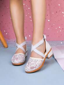 Girls' Mesh Low Heel Shoes, Cross Ankle Strap Embroidered Mesh Mary Jane Shoes, Suitable For Party And Daily Wear - White - View 3