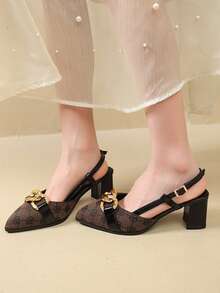 2026春季新款百搭单带镂空高跟凉鞋，韩版尖头后带粗跟复古时尚凉鞋 - 黑色 - 查看 4